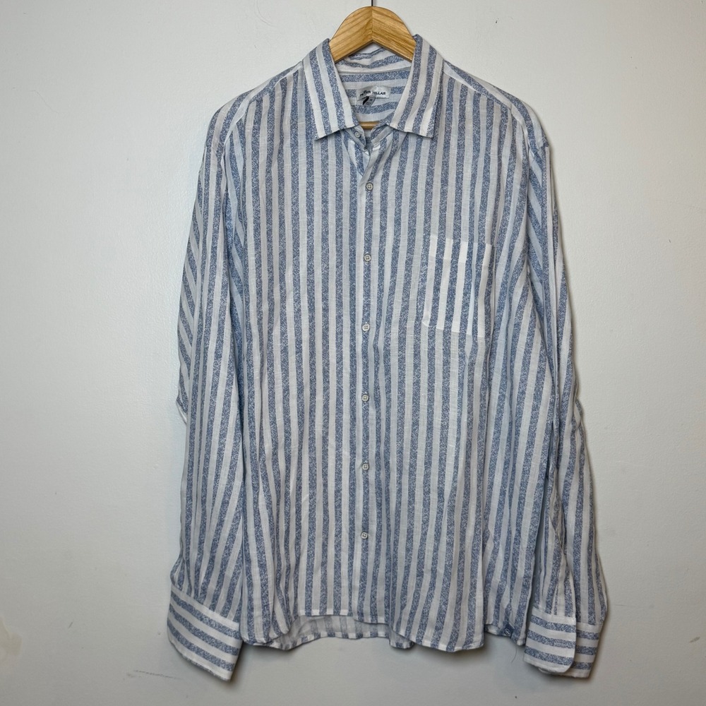 Peter Millar Mens XL Blue White Striped 100% Linen Shirt Button Down